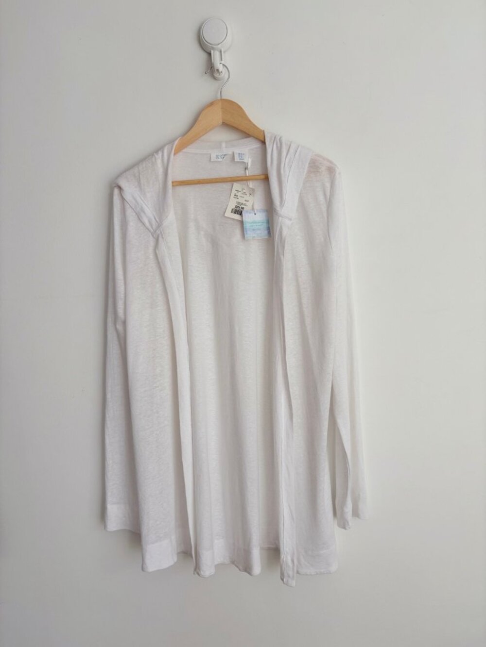 Sigrid Olsen White Hooded Linen Blend Open Front Long Cardigan NWT XL